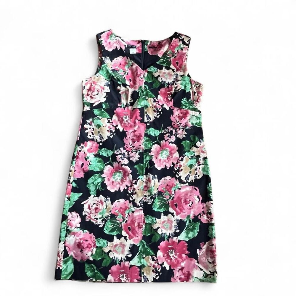 Talbots Women's Black Multicolored Floral Print Stretch Cotton Dress SZ 14 P